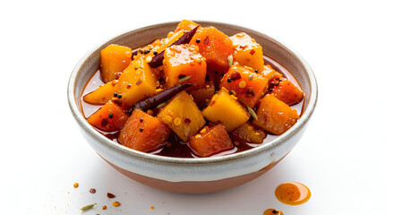 Roasted sweet potato cubes in a bowl with herbs and spices