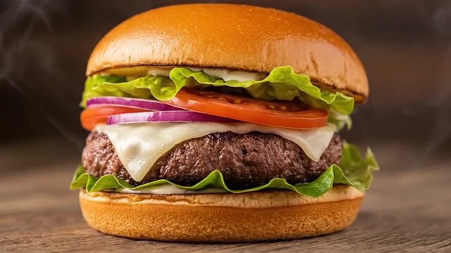 A delicious, juicy hamburger with fresh lettuce, tomato, onion and melted cheese on a bun