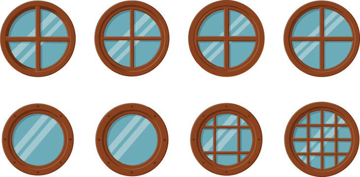 Round Porthole Windows Collection Wooden and Metal Ship Porthole Window Frames Flat Vector Illustration Set