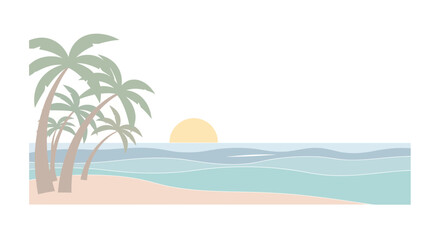 Obraz premium Minimalist tropical beach illustration featuring swaying palm trees on a sandy shore, with calm ocean waves and a golden sun setting peacefully on the horizon