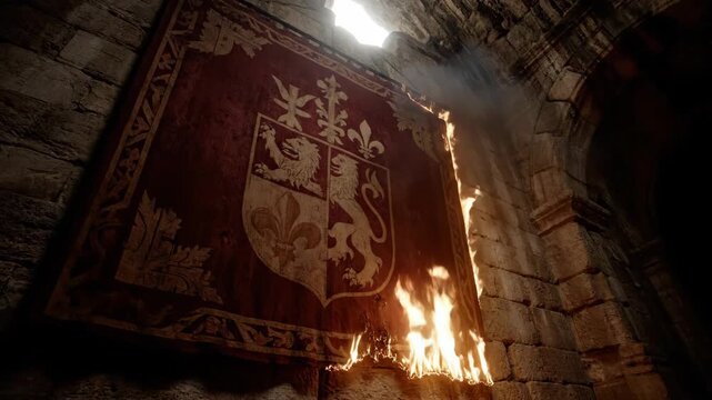 Royal lion rampant heraldic tapestry hanging on stone wall inside a castle.
