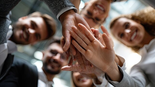 United Team Spirit: An upward perspective captures a group of business professionals uniting their hands, reflecting a deep sense of team spirit, unity, and shared purpose.