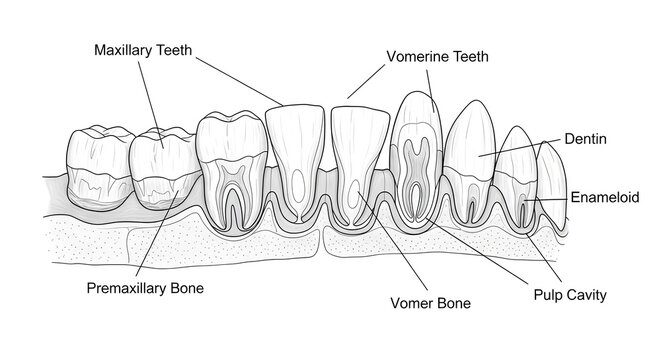 Ultra-Detailed Frog Dentition Anatomy Illustration | High Resolution Diagram of Maxillary Teeth, Vomerine Teeth, Premaxillary Bone, Vomer Bone, Enameloid, Dentin and Pulp Cavity | Scientific Labeled D
