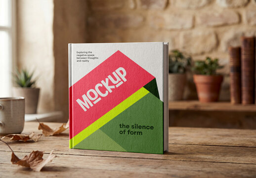 Square Hardcover Book Cover Mockup on Wooden Table 