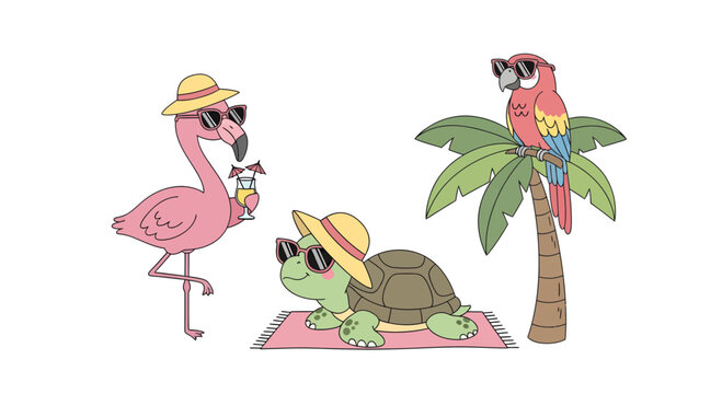 Tropical animal friends flamingo, turtle, and parrot enjoy a sunny beach vacation. Dressed in sunglasses and hats, they embody summer fun, relaxation, and leisure