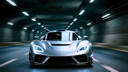 Obraz premium Silver Sports Car Speeding Through Modern Tunnel