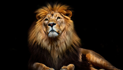 Fototapeta premium Majestic male lion with golden fur and long mane lying down