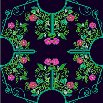 An elegant ornamental floral pattern with symmetrical green vines and pink flowers arranged in a circular decorative layout. The dark background highlights the bright botanical design and intricate cu