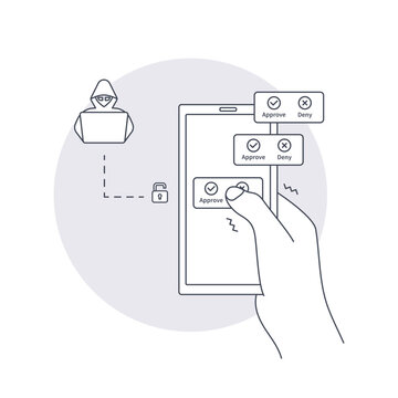 MFA fatigue attack: repeated approval prompts on a smartphone, user pressing approve, and attacker attempting unauthorized access