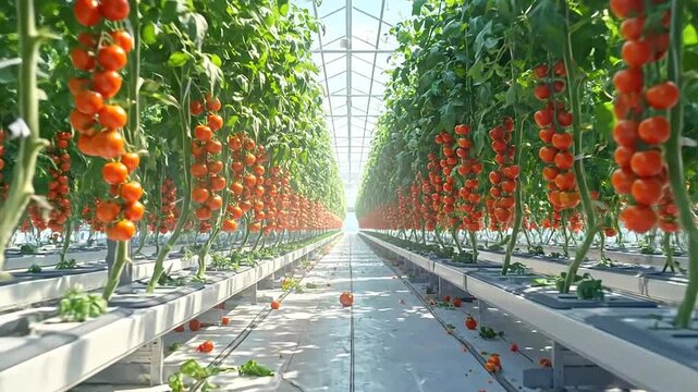 Rows of ripe red tomatoes growing in a large, modern greenhouse environment