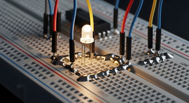 Close up of a single white led light on a breadboard, surrounded by connecting wires and electronic components