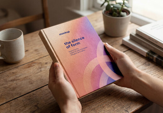 Vertical Hardcover Book Cover Mockup Held by Hands