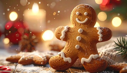 A smiling gingerbread man poses amid snowy, festive Christmas decorations, with soft lighting and warm atmosphere