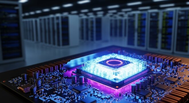 Futuristic glowing computer processor chip on a circuit board, with a blurred background of server racks