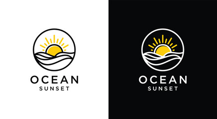 Ocean Sunset Logo Design Minimalist Circle Illustration.