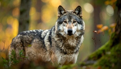Fototapeta na wymiar A wolf stands alert in a forest with leaves, moss, and branches, looking directly at the viewer