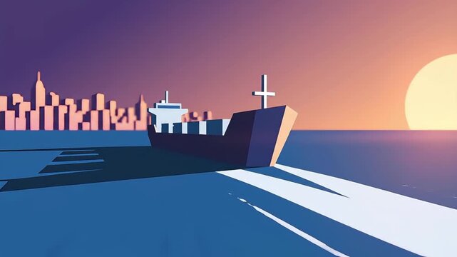 Cargo Ship Sailing Towards City Skyline at Sunset.