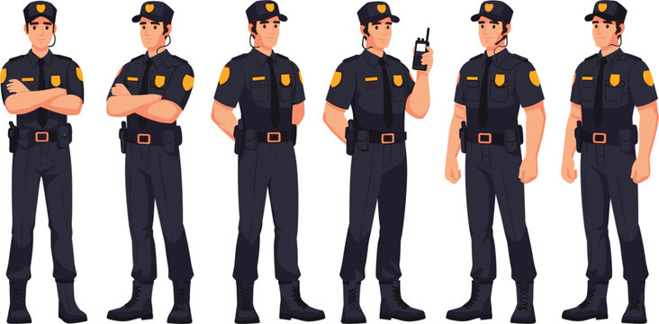Police Officer Character Set with Different Poses and Walkie Talkie Communication Device Law Enforcement Uniform Vector Illustration Collection