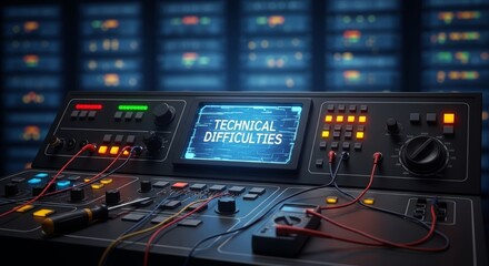 Obraz premium Control panel screen shows 'TECHNICAL DIFFICULTIES' amidst glowing buttons, wires, and server equipment, illustrating system errors and network problems