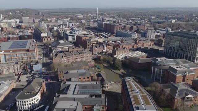 Establishing aerial view of Nottingham, city in the East Midlands of England, United Kingdom