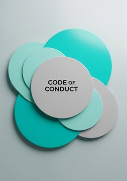 Code Of Conduct Text On Gray Circle Overlapping Teal And Light Blue