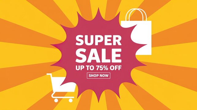 Vibrant super sale banner with shopping cart and bag on bright background