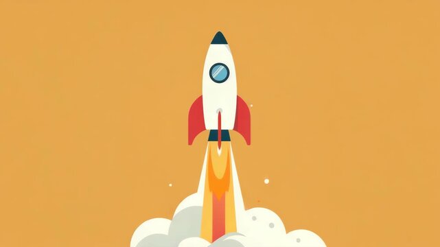 Rocket launches upward with fiery exhaust. White clouds billow beneath the craft. Orange sky frames the ascending journey. Simple cartoon style captures motion. Perfect for startup, growth
