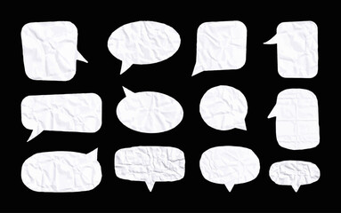 Obraz premium Paper speech bubbles, Crumpled, realistic, dialog boxes. Vector collage speech bubble. Blank chat circle templates for communication. Crumpled pieces of paper - talk balloon. Vector graphic box