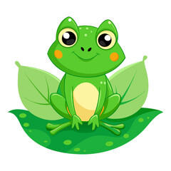Cute Green Frog Cartoon Sitting on Leaf &ndash; Adorable Animal Character Illustration
