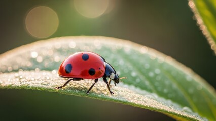 Obraz premium Ladybug on green leaf with water droplets and bokeh background