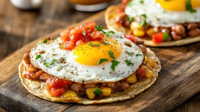 Sunny-Side Up Breakfast Delight: A close-up view of a scrumptious breakfast dish featuring a sunny-side-up egg nestled atop a flavorful bed of refried beans, garnished with fresh tomatoes.