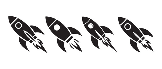 Fototapeta premium Retro Rocket Ships Launching with Fire and Smoke, Minimalist Vector Illustration of Space Travel and Innovation.