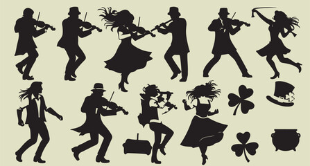 Irish culture vector silhouettes dance violin shamrock leprechaun hat cauldron celebrationIrish culture vector silhouettes dance violin shamrock leprechaun hat cauldron celebration © MdRakib
