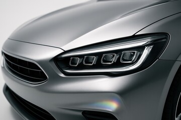 Detailed front view of a sleek silver modern car headlight