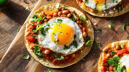 Exquisite Tostadas: A culinary masterpiece unfolds as a trio of delectable tostadas showcases perfectly fried eggs atop a flavorful base, adorned with fresh herbs and beans.