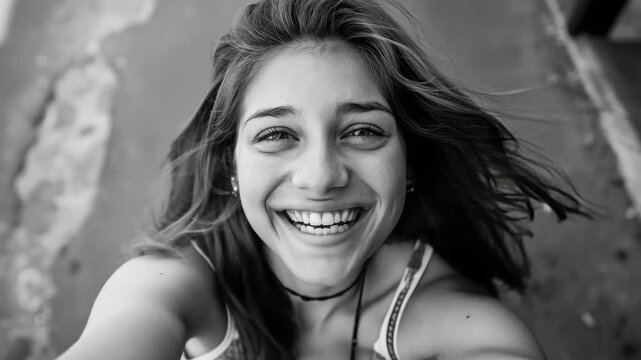Young woman smiles brightly, eyes sparkling with joy. Wind tousles her hair, adding natural motion. Black and white tones enhance emotional depth. She wears a simple top, exuding effortless charm