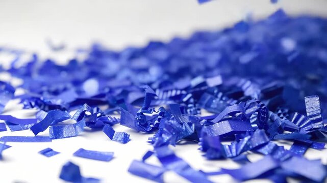 Blue confetti falls against a clean white background. Shiny pieces flutter in slow, graceful motion. Perfect for celebration or festive design projects. Bright hue catches eye with every gentle drop