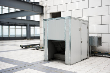 Large ventilation equipment unit installed inside an industrial factory building