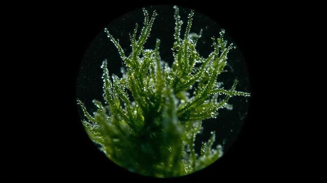 Close-up of green moss with water droplets, a fresh environment concept showing green, water, nature, plant, moss, and growth.