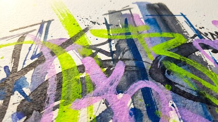 Vibrant urban abstract watercolor brush strokes and ink splatters on textured paper background