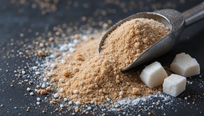 Brown Sugar Granules and Cubes on Dark Surface with Metal Scoop Used for Culinary Purposes
