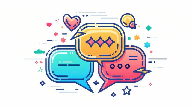 Vibrant speech bubbles float with playful energy. Colorful hearts and stars add whimsical charm. Design features smooth, outlined shapes. Perfect for social media or digital campaigns