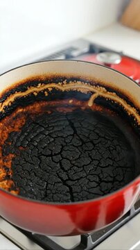 Red pot on stove with burnt food transitioning from simmering to charred