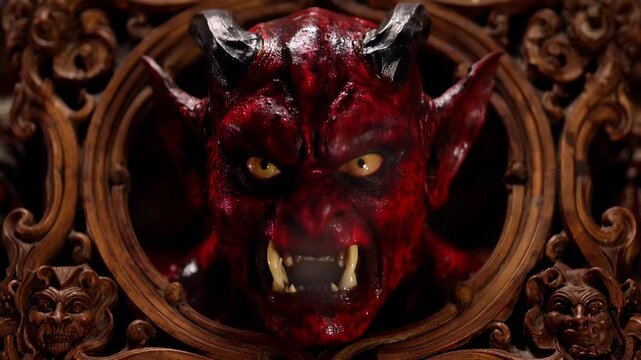 Red creature with horns and sharp teeth appears in wooden frame with intricate carvings showing a dark theme at an art exhibition in a gallery