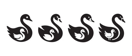 Black Swan Family Icons. Mother and Cygnet Silhouette, Logo & Symbol Set.
