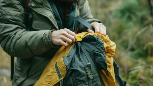 Person adjusts jacket in forest setting. Hands secure zipper on outer layer. Green and yellow tones dominate scene. Natural backdrop suggests outdoor activity. Soft focus enhances peaceful
