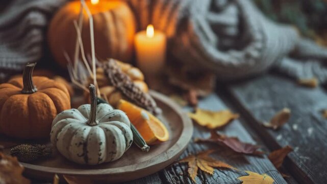 Cozy autumn scene with pumpkins, candles, and leaves. Warm light casts soft glow on rustic wooden table. Small white pumpkin sits beside orange one. Candles burn gently beside corn husks and fruit
