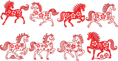 Eight red stylized horses adorned with floral patterns for Chinese New Year flowers