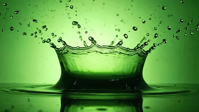 A dynamic splash of green liquid creates a crown shape on a reflective surface