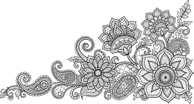 Decorative floral paisley ornament with intricate mandala flowers and swirling leaves detailed black line art vector illustration